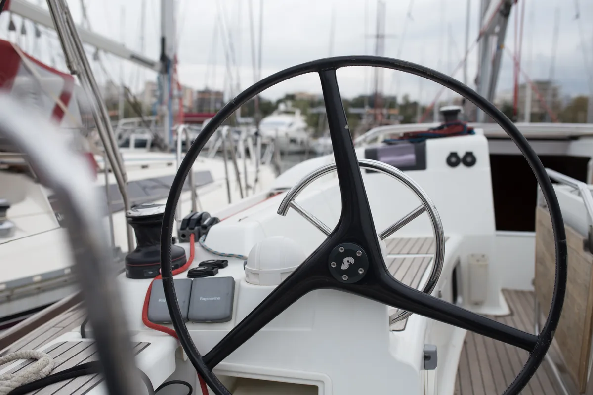 Cockpit of Leonidas, a Jeanneau Sun Odyssey 409 sailboat at Marina Delta Kallithea, Greece