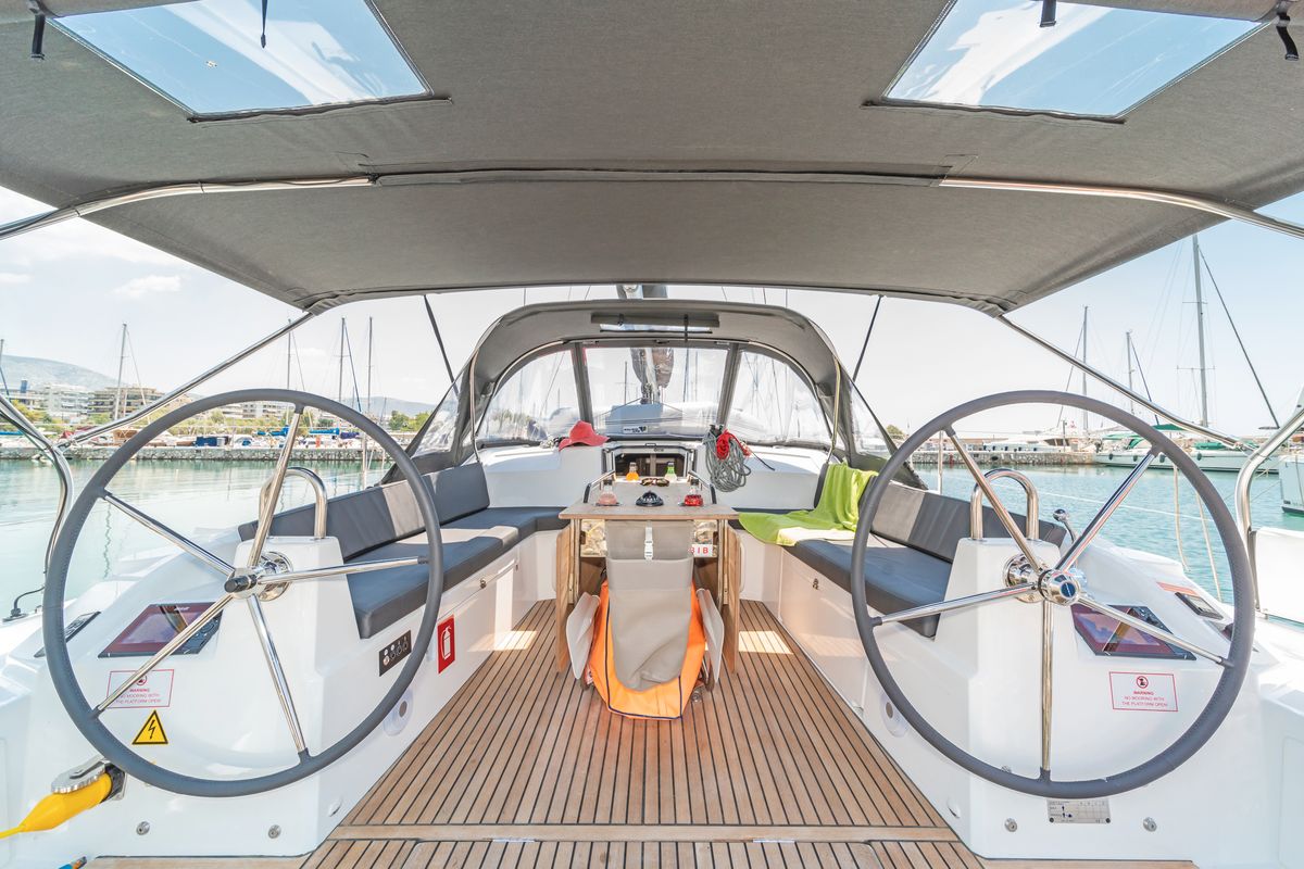 Cockpit of Ariadne, a Beneteau Oceanis 40.1 sailboat at Municipal Unit of Lefkada, Greece