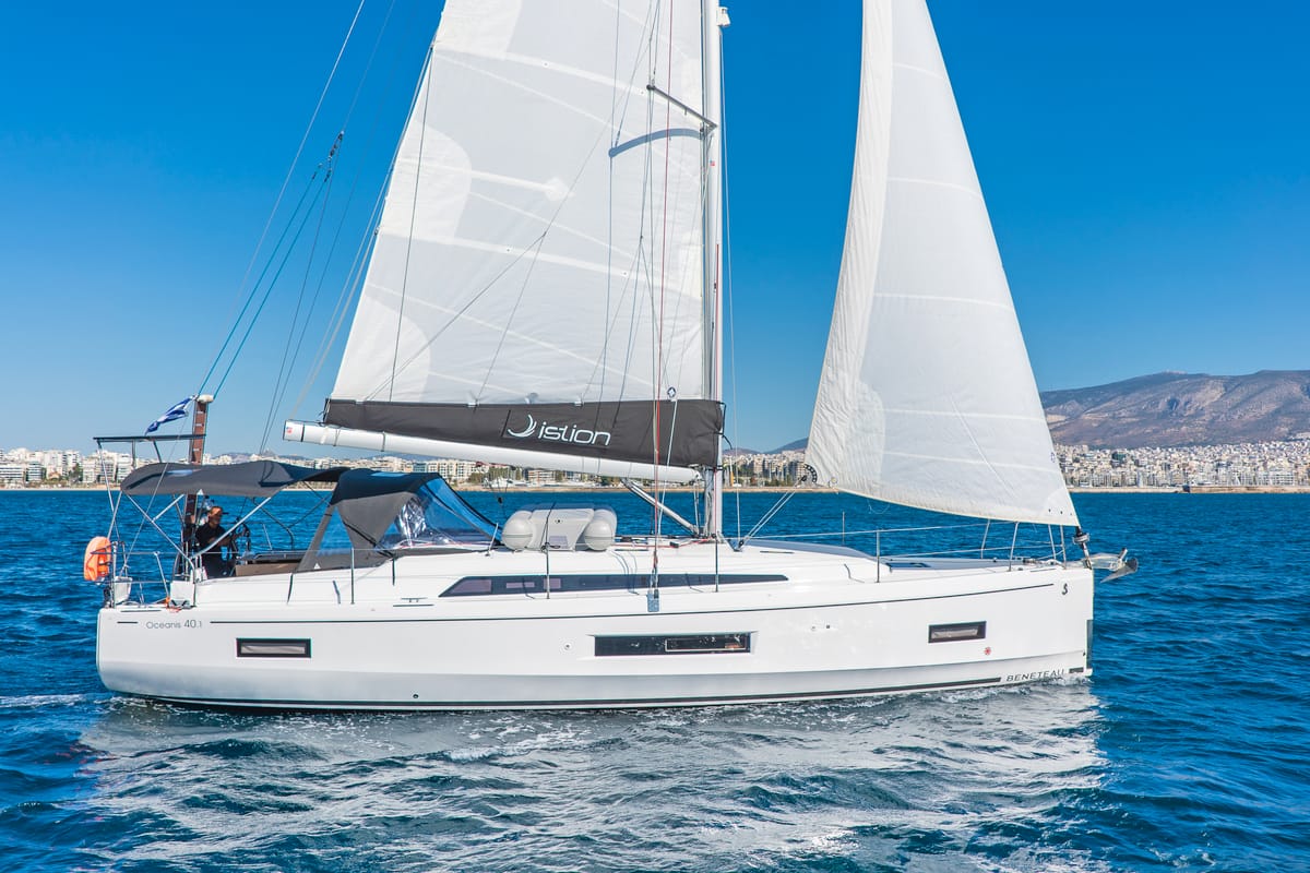 Exterior view of Ariadne, a Beneteau Oceanis 40.1 sailboat at Municipal Unit of Lefkada, Greece