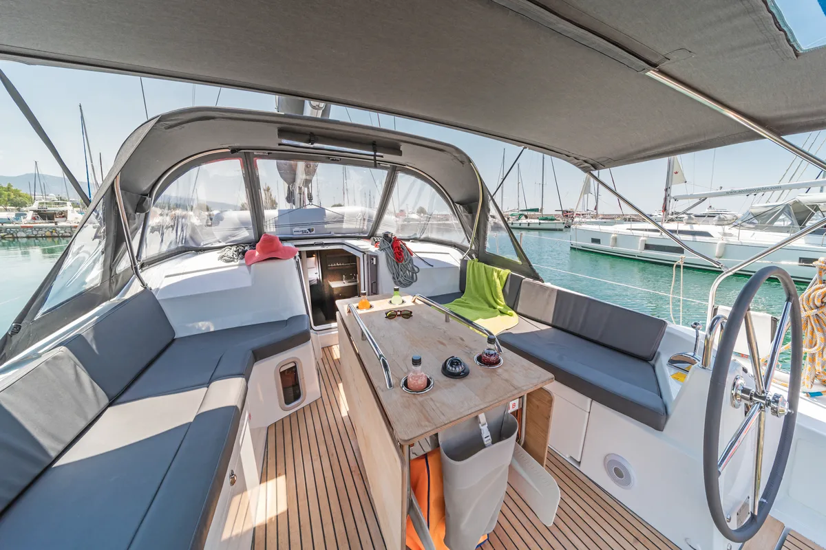 Cockpit of Ariadne, a Beneteau Oceanis 40.1 sailboat at Municipal Unit of Lefkada, Greece