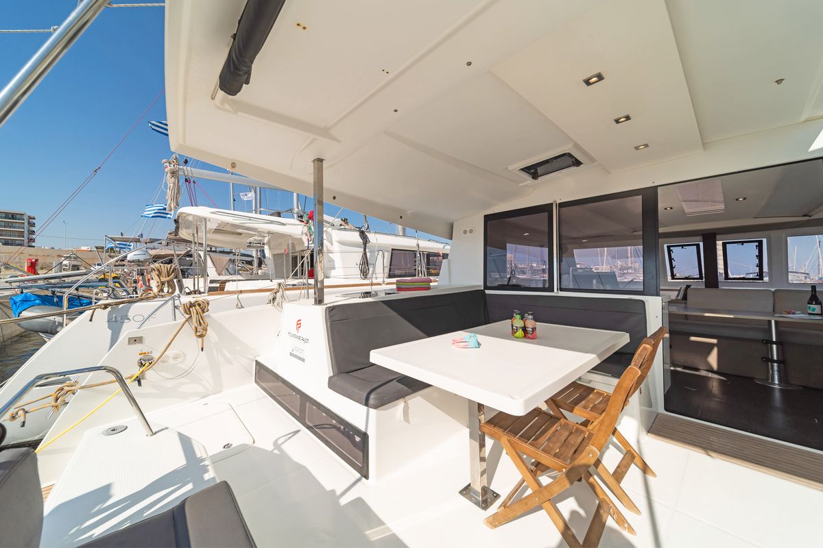 Deck of Fortuna, a Fountaine Pajot Lucia 40 catamaran at Municipal Unit of Rhodes, Greece