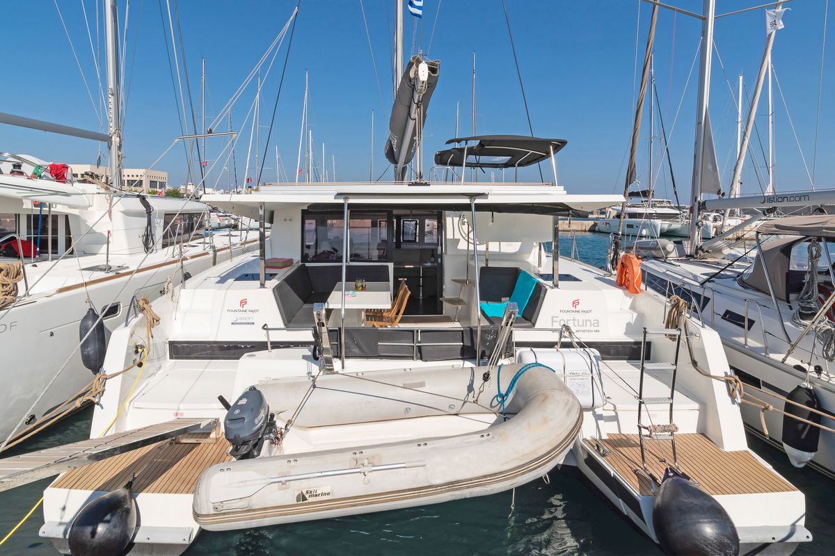 Exterior view of Fortuna, a Fountaine Pajot Lucia 40 catamaran at Municipal Unit of Rhodes, Greece