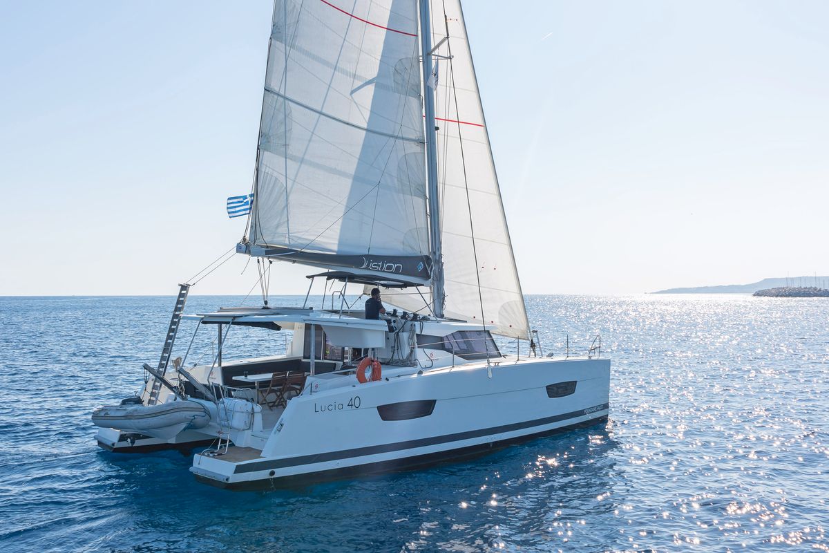 Exterior view of Fortuna, a Fountaine Pajot Lucia 40 catamaran at Municipal Unit of Rhodes, Greece