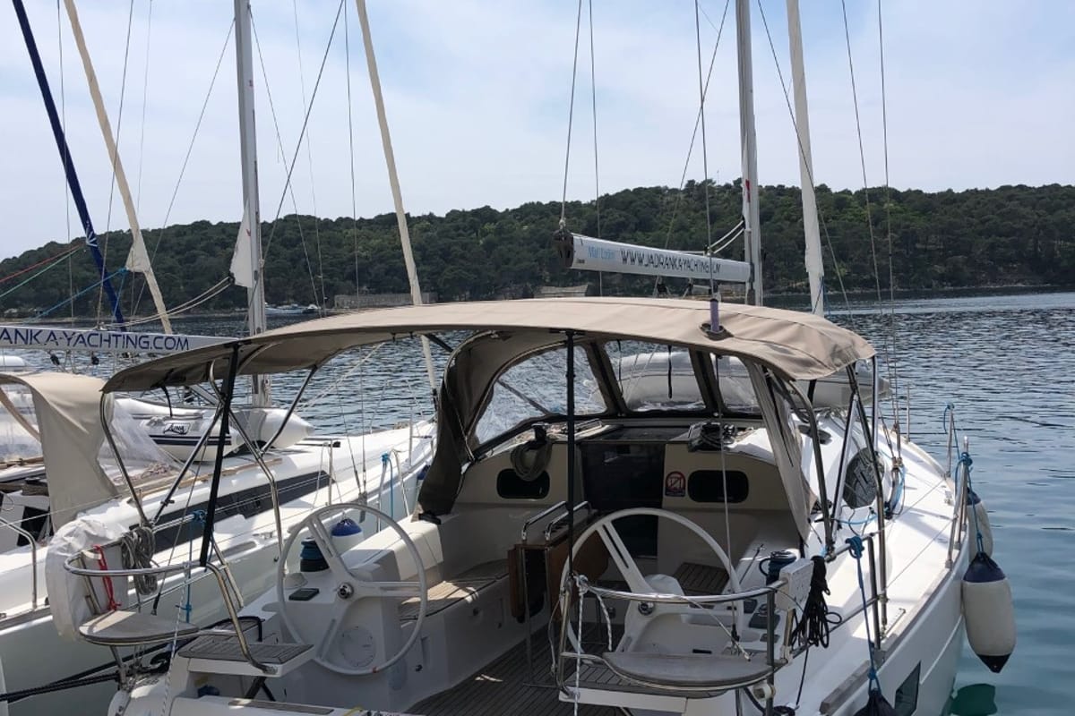 Cockpit of Laali, a Elan Impression 40 sailboat at Grad Pula, Croatia