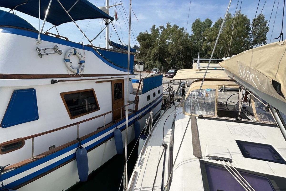 Deck of Artemis, a Dufour 412 GL sailboat at Kontokali, Greece