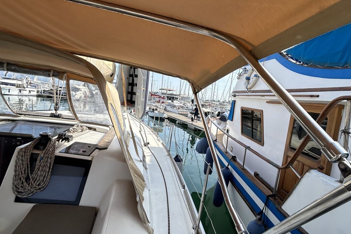 Deck of Artemis, a Dufour 412 GL sailboat at Kontokali, Greece