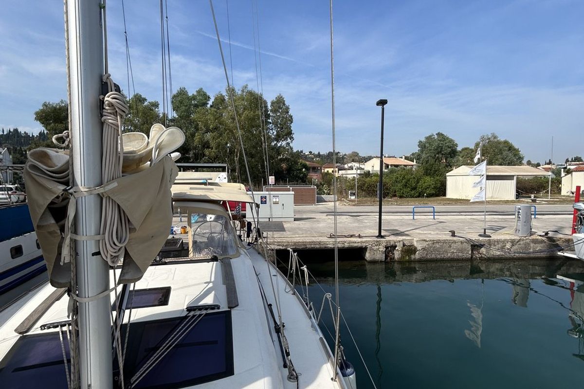 Deck of Artemis, a Dufour 412 GL sailboat at Kontokali, Greece