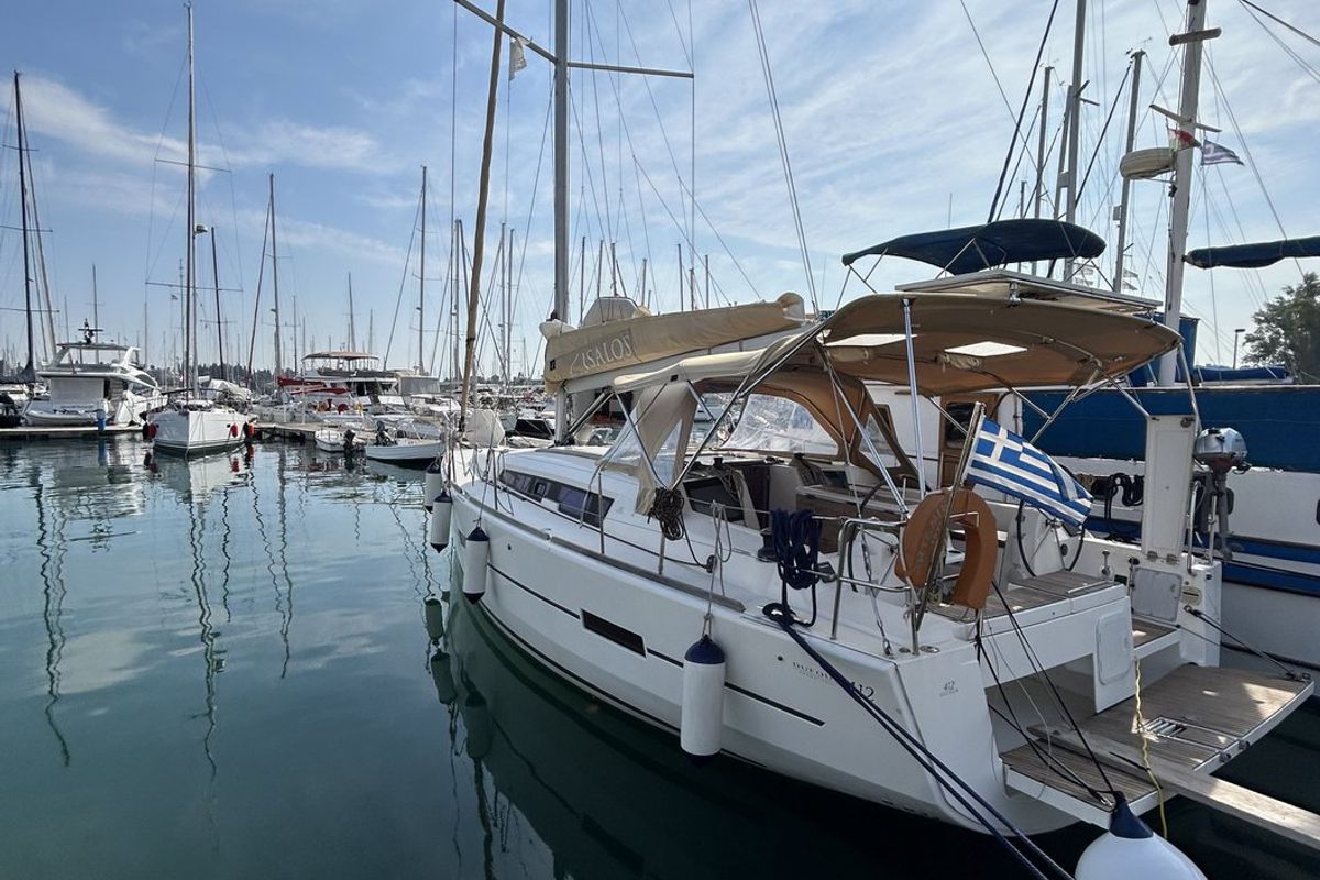 Exterior view of Artemis, a Dufour 412 GL sailboat at Kontokali, Greece