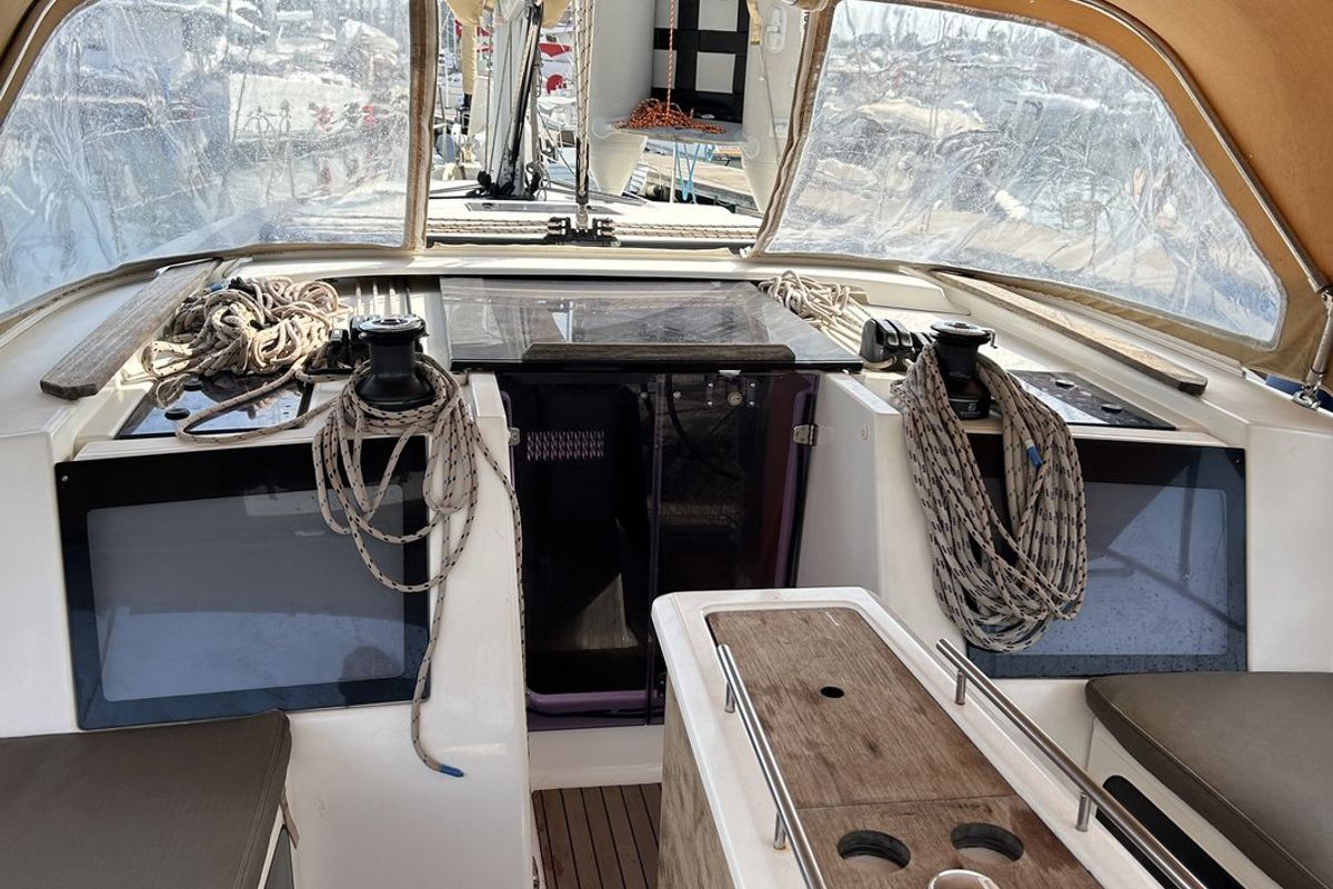 Cockpit of Artemis, a Dufour 412 GL sailboat at Kontokali, Greece