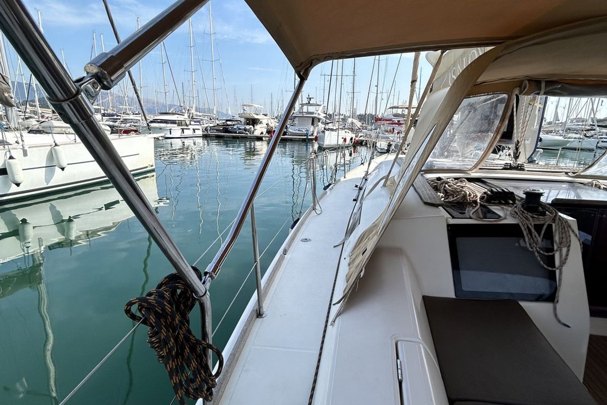 Deck of Artemis, a Dufour 412 GL sailboat at Kontokali, Greece