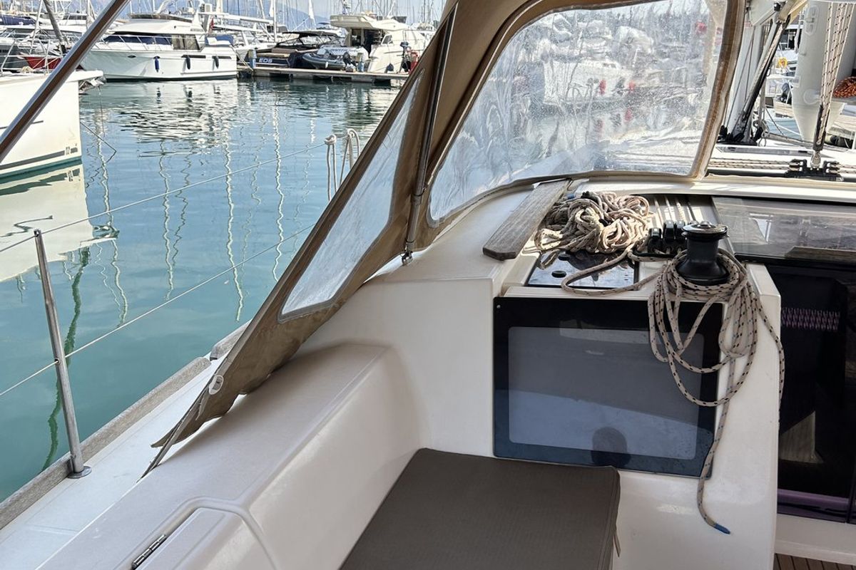 Cockpit of Artemis, a Dufour 412 GL sailboat at Kontokali, Greece