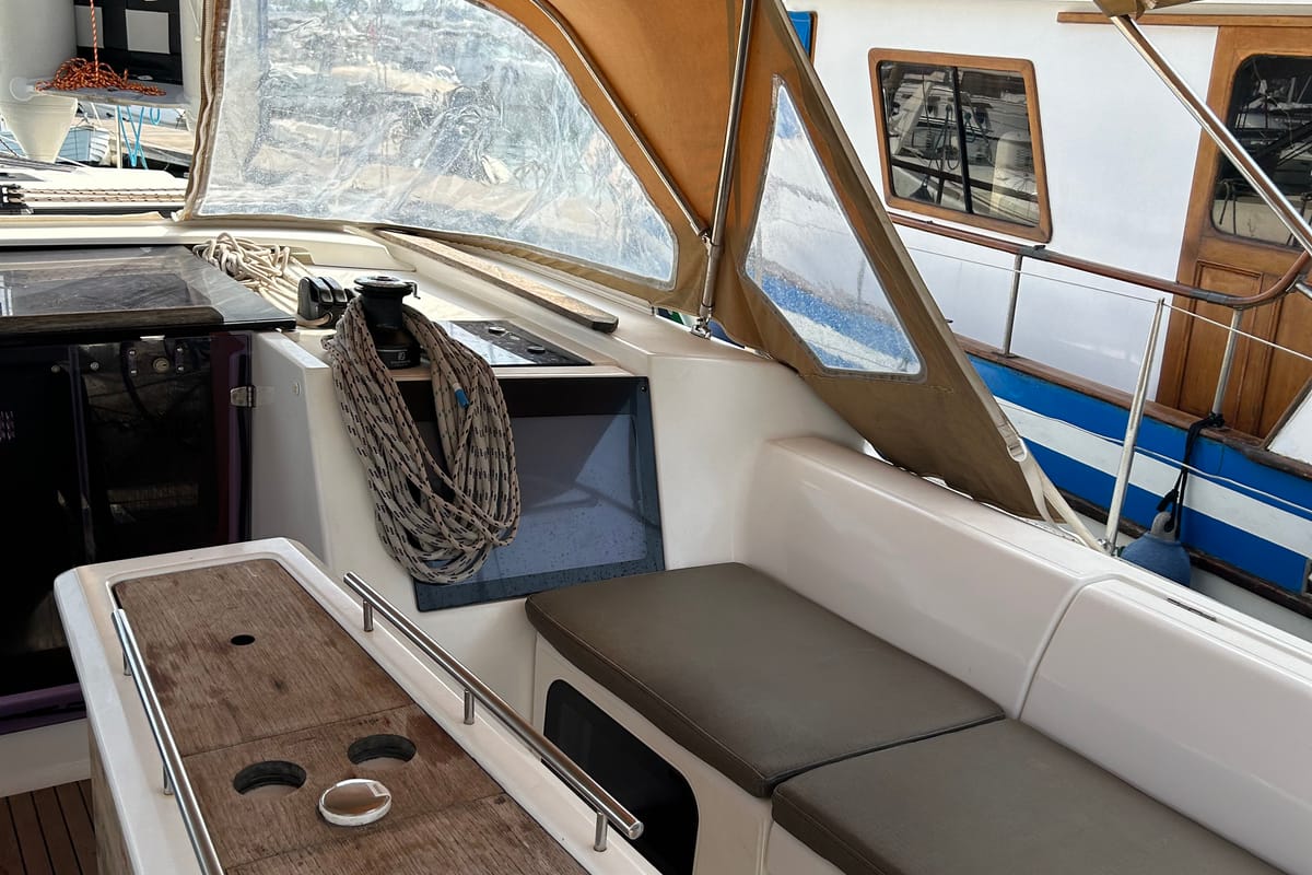 Cockpit of Artemis, a Dufour 412 GL sailboat at Kontokali, Greece