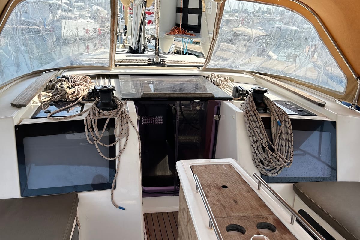 Deck of Artemis, a Dufour 412 GL sailboat at Kontokali, Greece