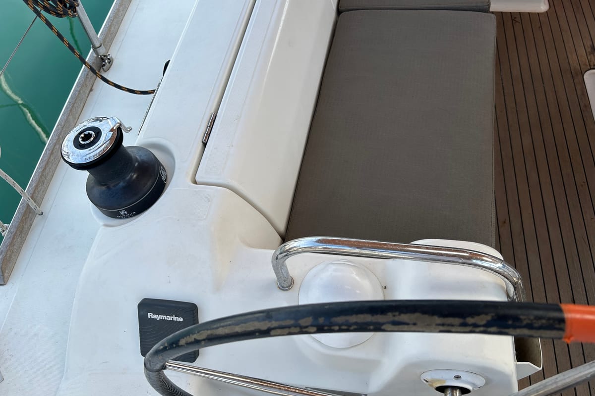 Deck of Artemis, a Dufour 412 GL sailboat at Kontokali, Greece