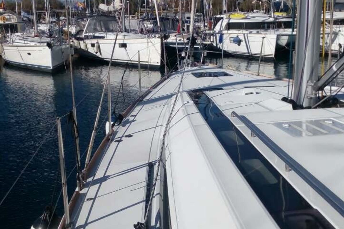 Deck of Dreamer, a Beneteau Oceanis 55 sailboat at Kontokali, Greece