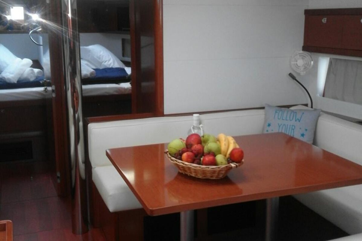 Salon of Dreamer, a Beneteau Oceanis 55 sailboat at Kontokali, Greece