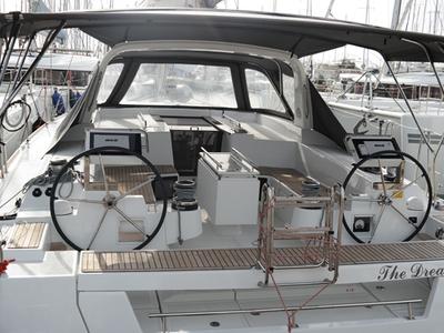 Cockpit of Dreamer, a Beneteau Oceanis 55 sailboat at Kontokali, Greece