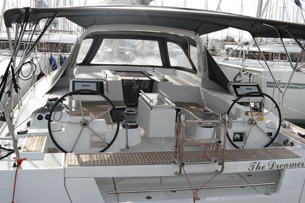Cockpit of Dreamer, a Beneteau Oceanis 55 sailboat at Kontokali, Greece