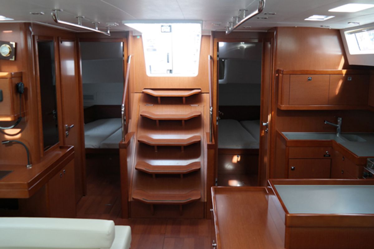 Salon of Dreamer, a Beneteau Oceanis 55 sailboat at Kontokali, Greece