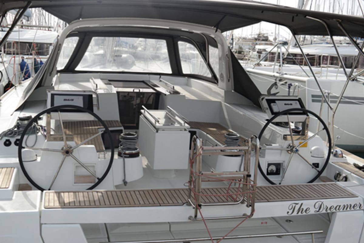 Cockpit of Dreamer, a Beneteau Oceanis 55 sailboat at Kontokali, Greece
