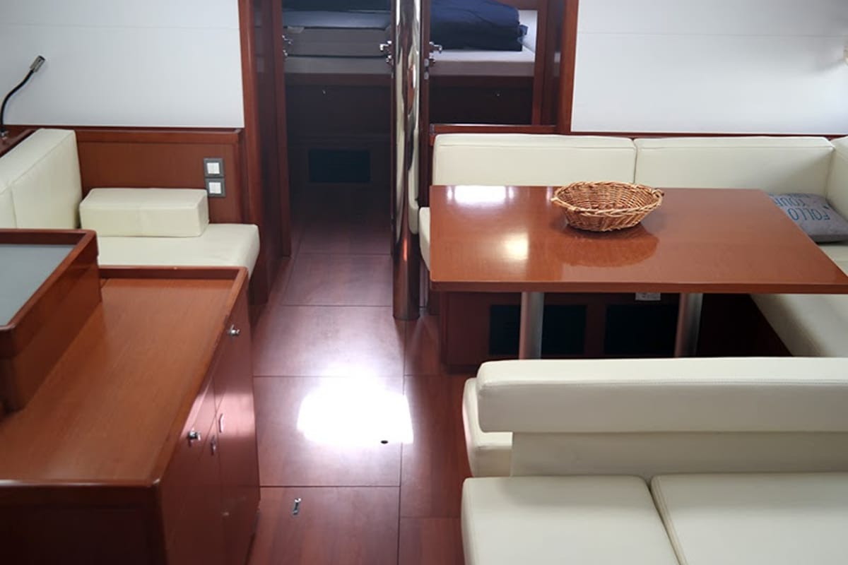 Salon of Dreamer, a Beneteau Oceanis 55 sailboat at Kontokali, Greece