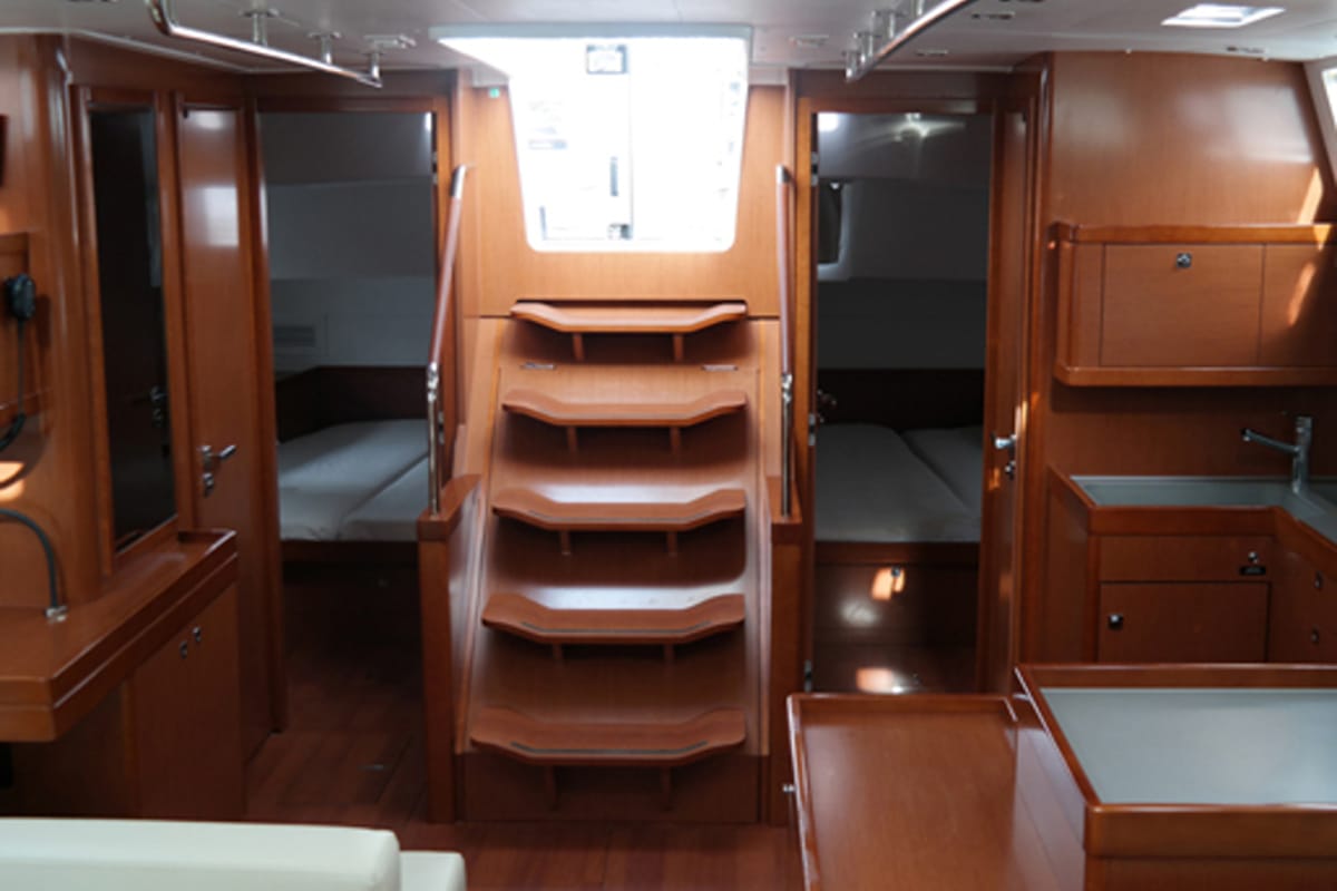 Salon of Dreamer, a Beneteau Oceanis 55 sailboat at Kontokali, Greece