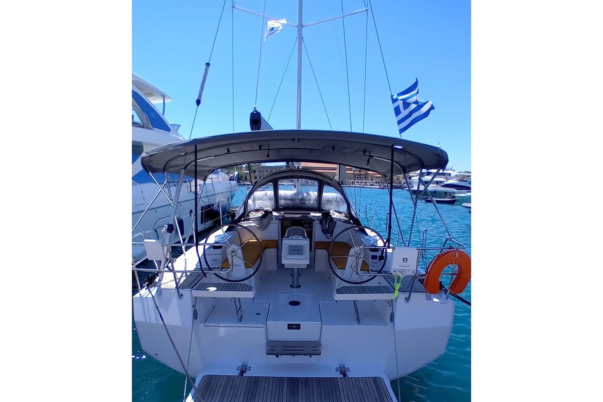 Cockpit of Galini, a Bavaria C38 sailboat at Municipal Unit of Rhodes, Greece