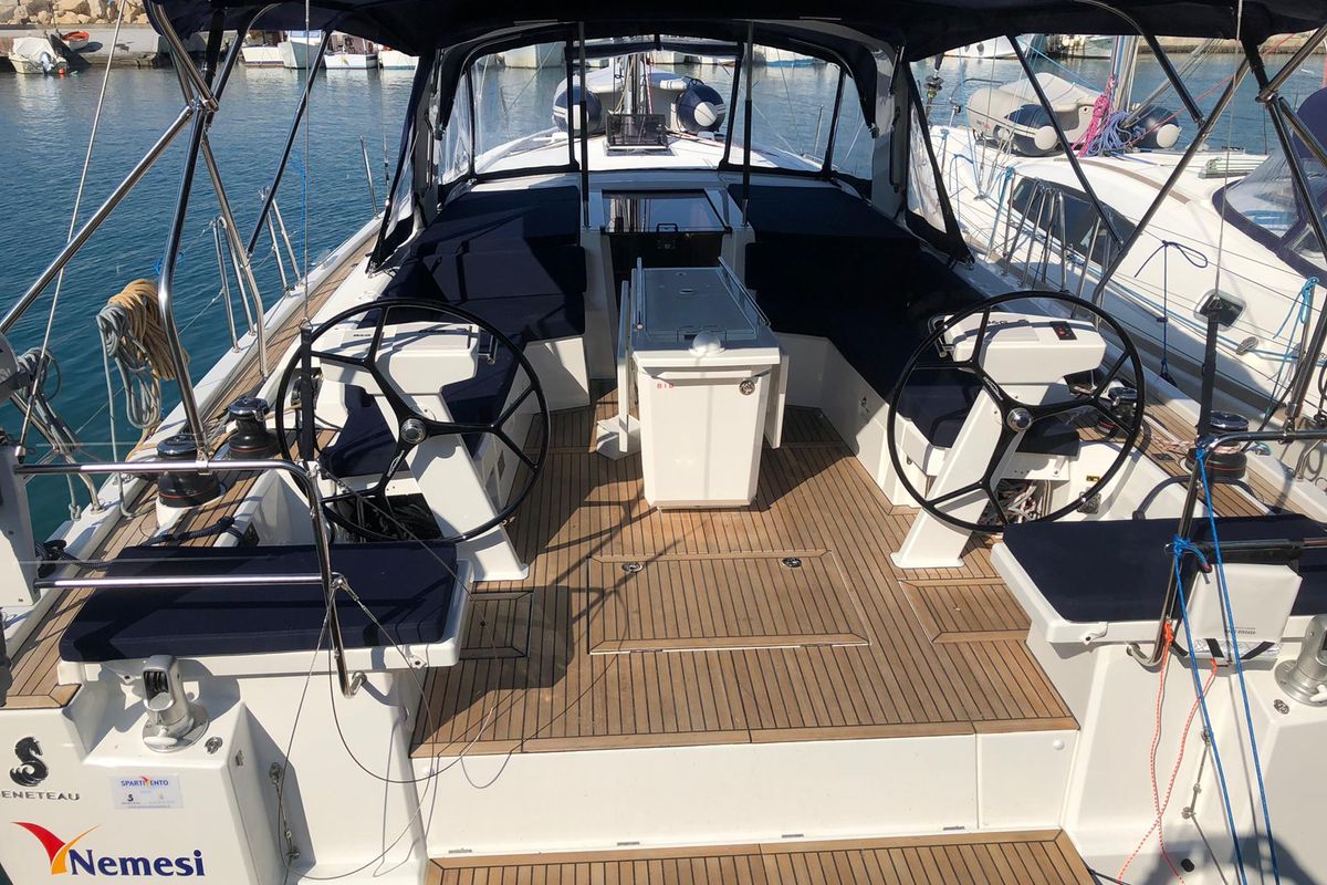 Cockpit of Nemesi - Standard line, a Beneteau Oceanis 46.1 sailboat at Trapani, Italy