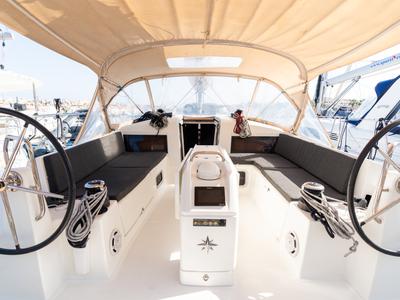 Cockpit of Diana - Standard line, a Jeanneau Sun Odyssey 440 sailboat at Tonnarella, Italy