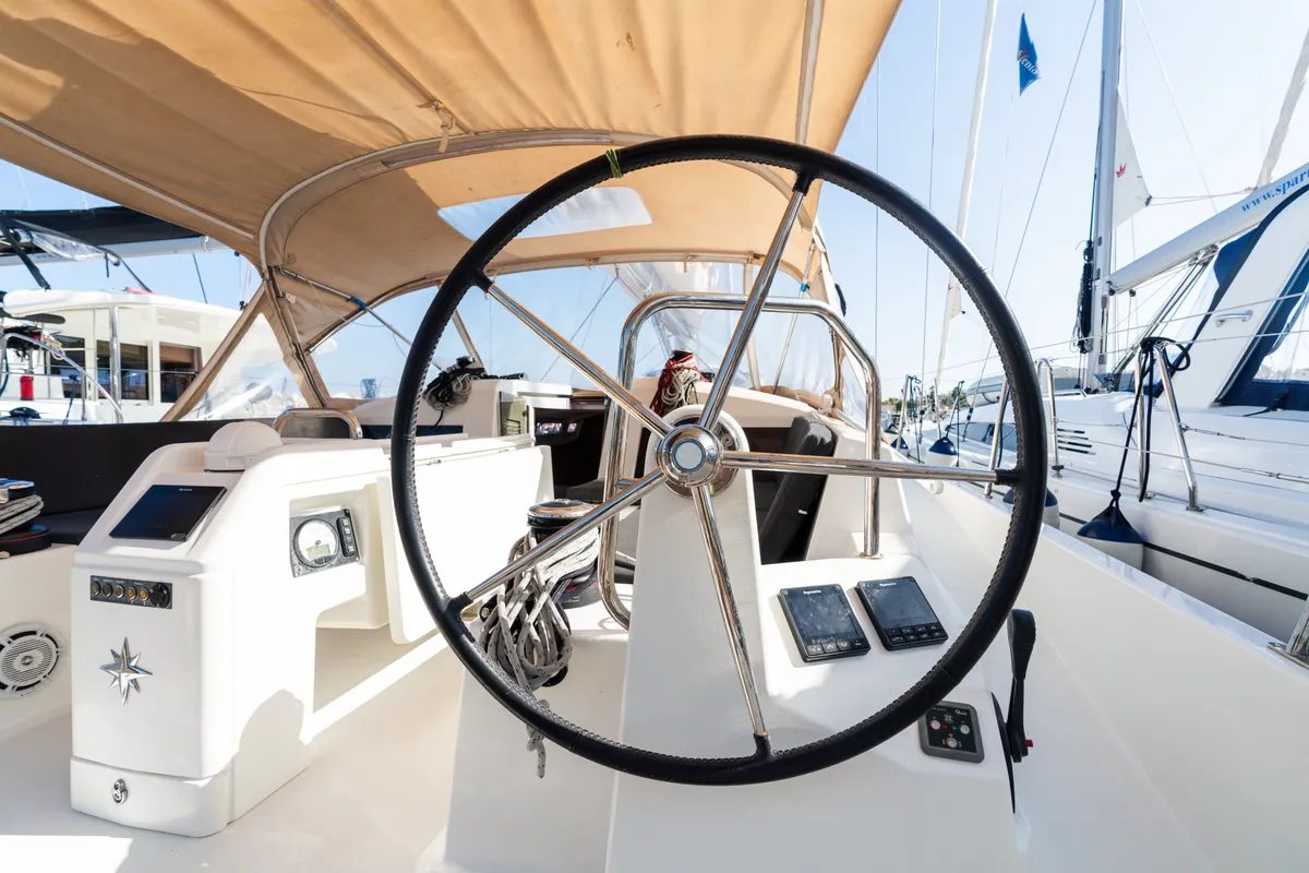 Cockpit of Diana - Standard line, a Jeanneau Sun Odyssey 440 sailboat at Tonnarella, Italy