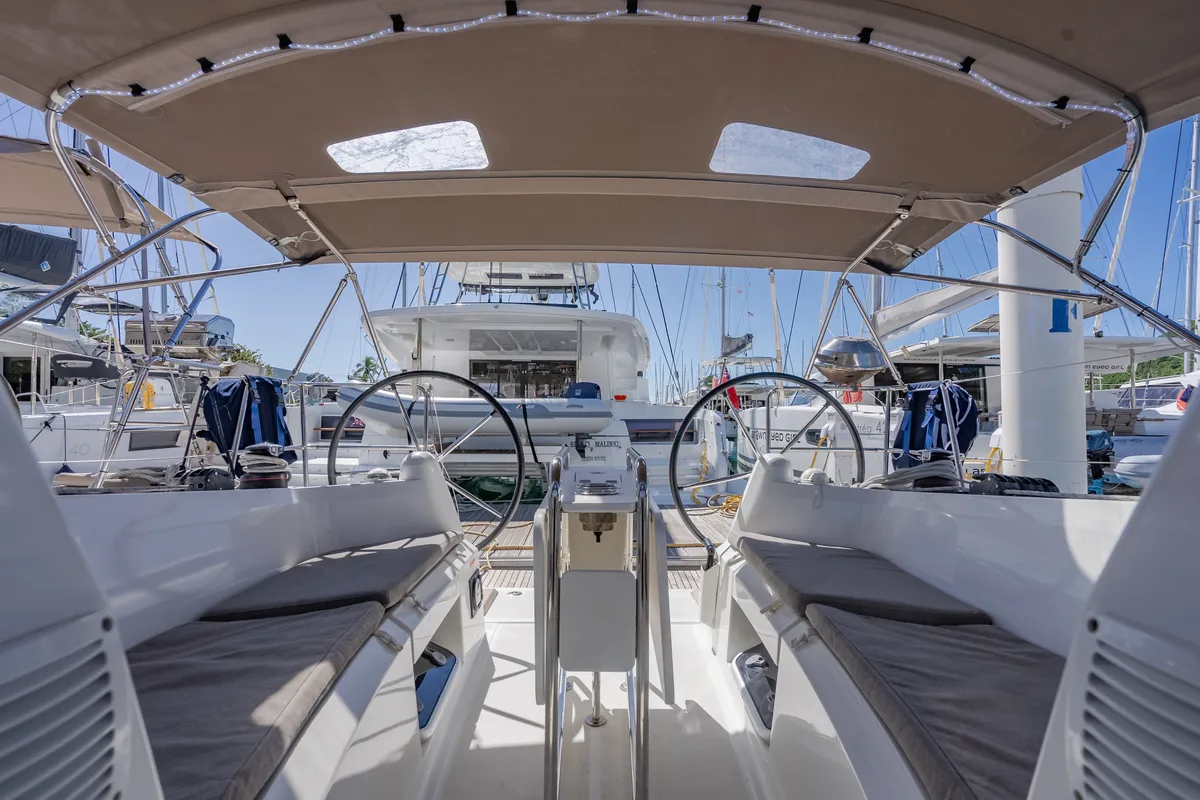 Cockpit of Off The Clock , a Jeanneau Sun Odyssey 349 sailboat at Road Town, British Virgin Islands