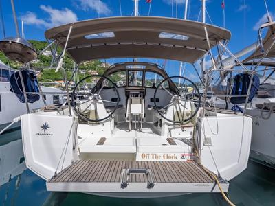 Cockpit of Off The Clock , a Jeanneau Sun Odyssey 349 sailboat at Road Town, British Virgin Islands