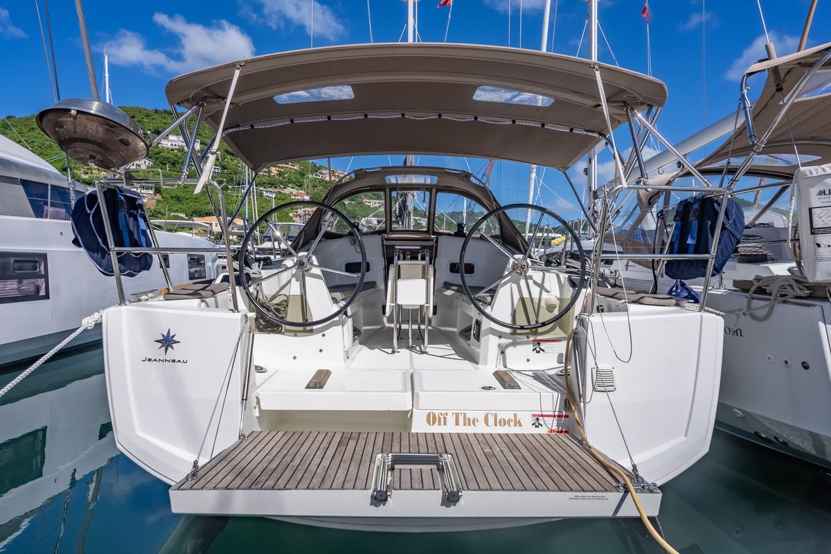 Cockpit of Off The Clock , a Jeanneau Sun Odyssey 349 sailboat at Road Town, British Virgin Islands