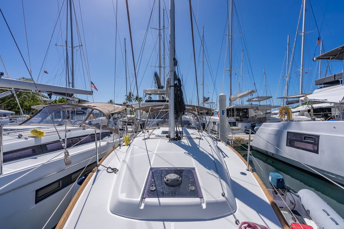 Deck of Off The Clock , a Jeanneau Sun Odyssey 349 sailboat at Road Town, British Virgin Islands