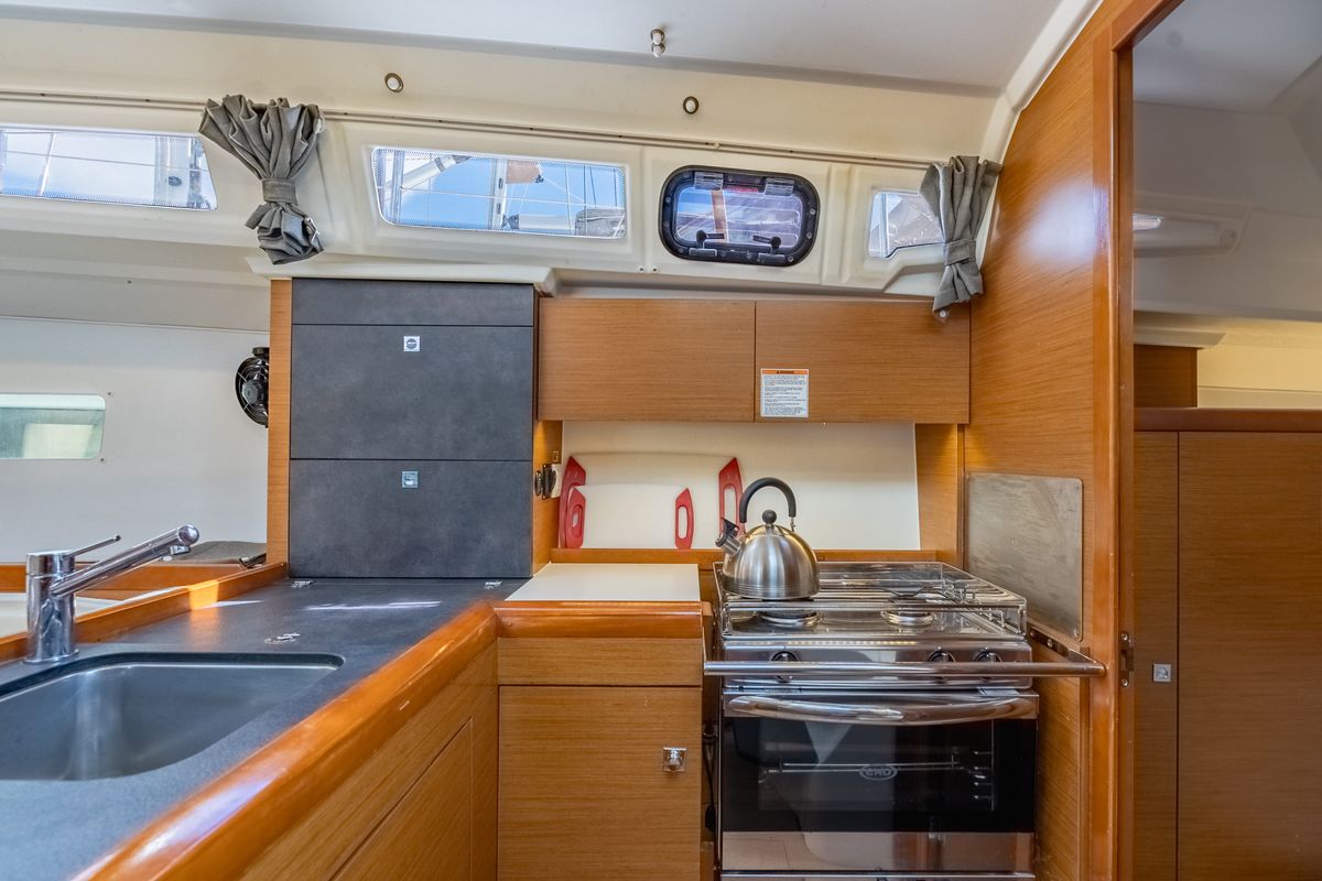 Galley of Off The Clock , a Jeanneau Sun Odyssey 349 sailboat at Road Town, British Virgin Islands