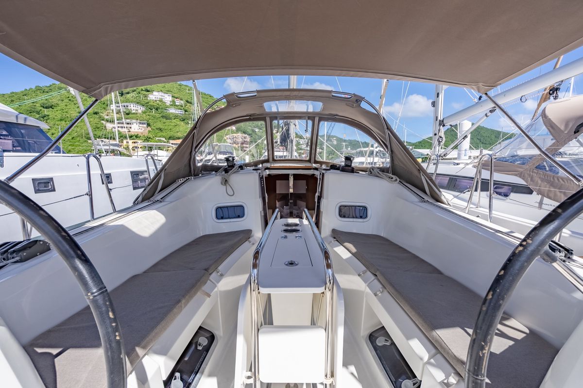 Cockpit of Off The Clock , a Jeanneau Sun Odyssey 349 sailboat at Road Town, British Virgin Islands
