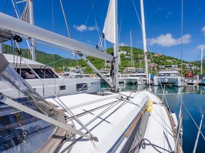Deck of Off The Clock , a Jeanneau Sun Odyssey 349 sailboat at Road Town, British Virgin Islands