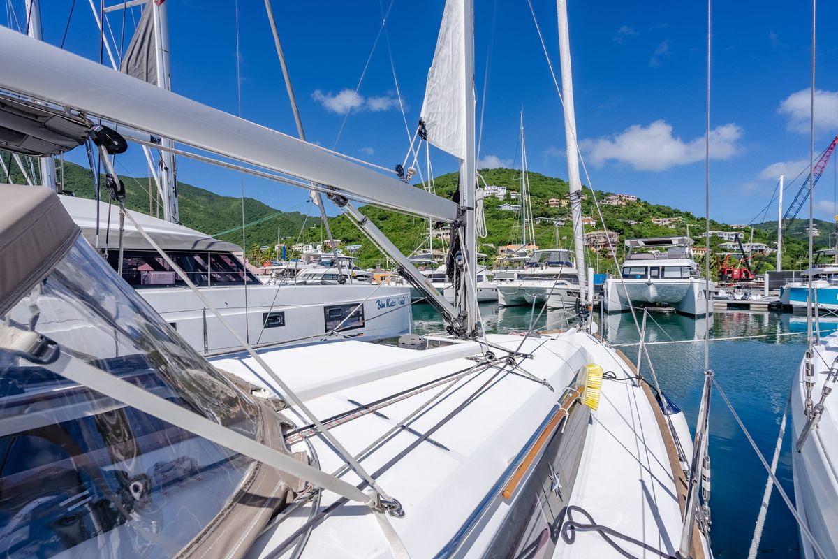 Deck of Off The Clock , a Jeanneau Sun Odyssey 349 sailboat at Road Town, British Virgin Islands