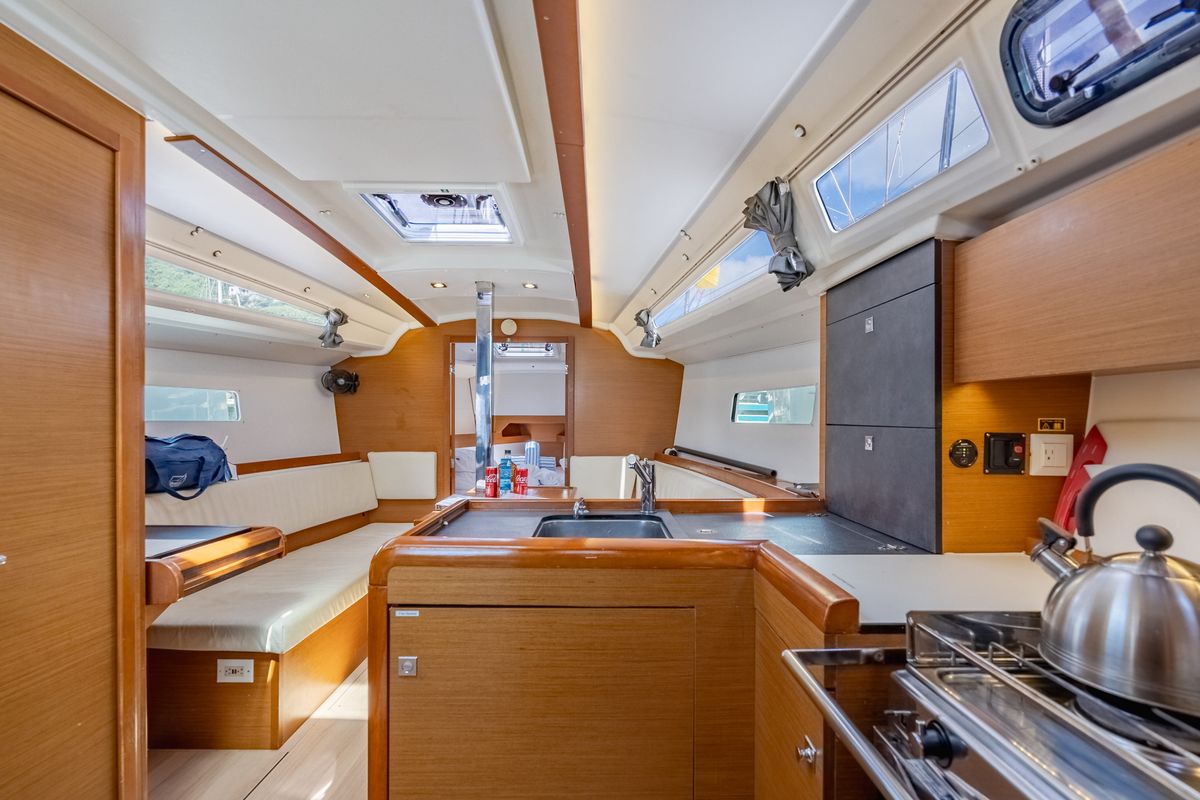 Galley of Off The Clock , a Jeanneau Sun Odyssey 349 sailboat at Road Town, British Virgin Islands