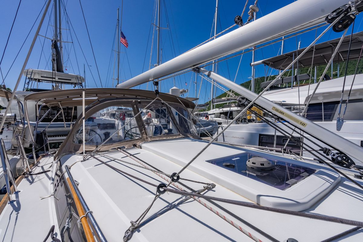 Deck of Off The Clock , a Jeanneau Sun Odyssey 349 sailboat at Road Town, British Virgin Islands