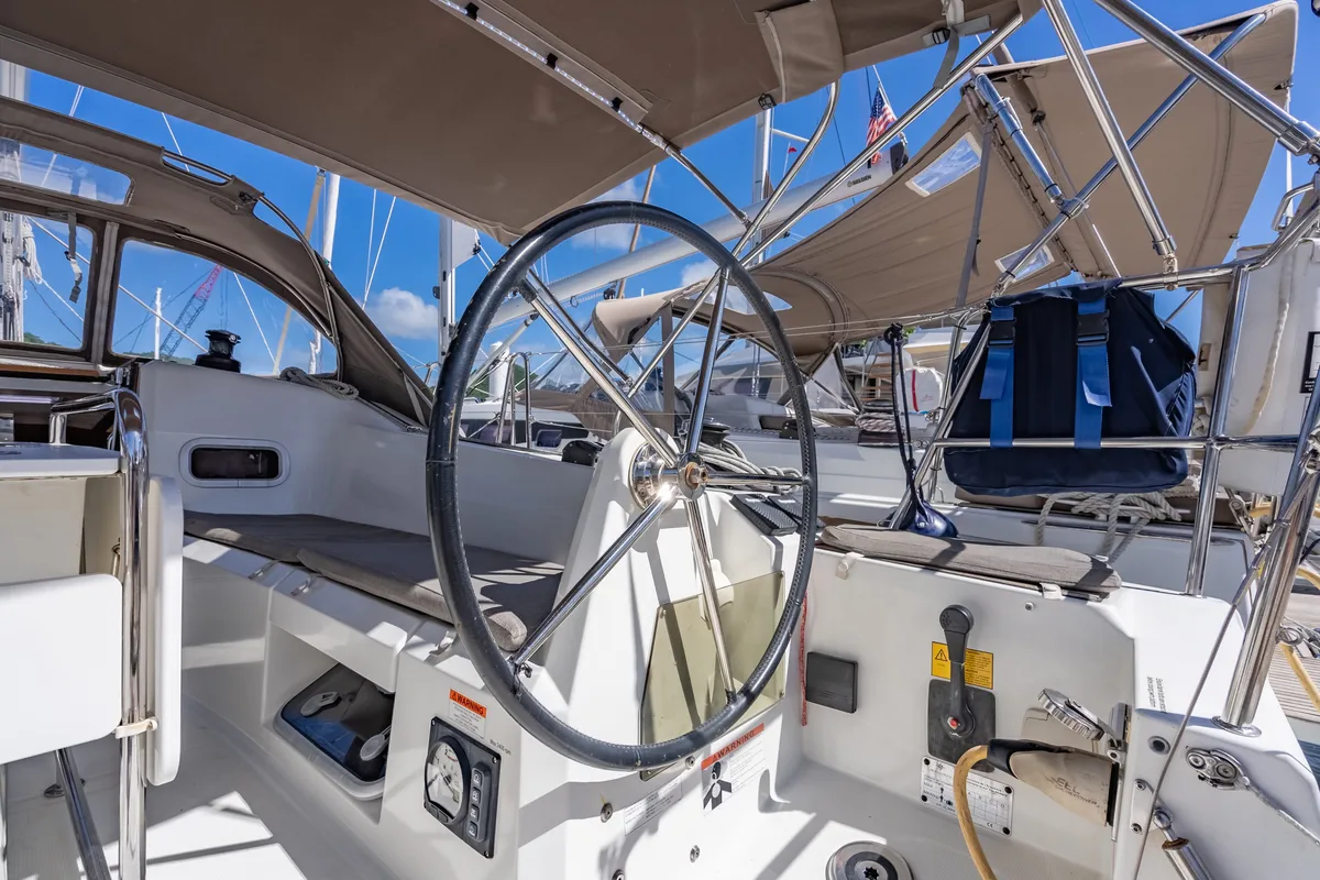 Cockpit of Off The Clock , a Jeanneau Sun Odyssey 349 sailboat at Road Town, British Virgin Islands