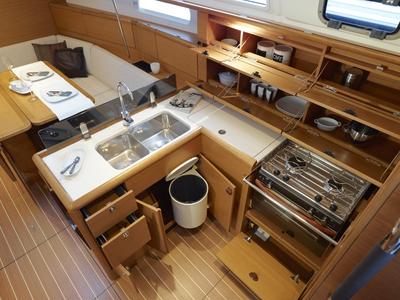 Galley of Agios Georgios, a Jeanneau Sun Odyssey 389 sailboat at Kontokali, Greece