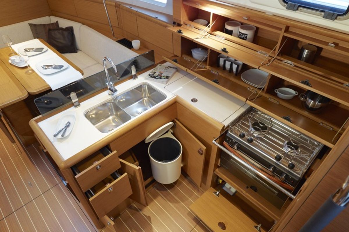 Galley of Agios Georgios, a Jeanneau Sun Odyssey 389 sailboat at Kontokali, Greece