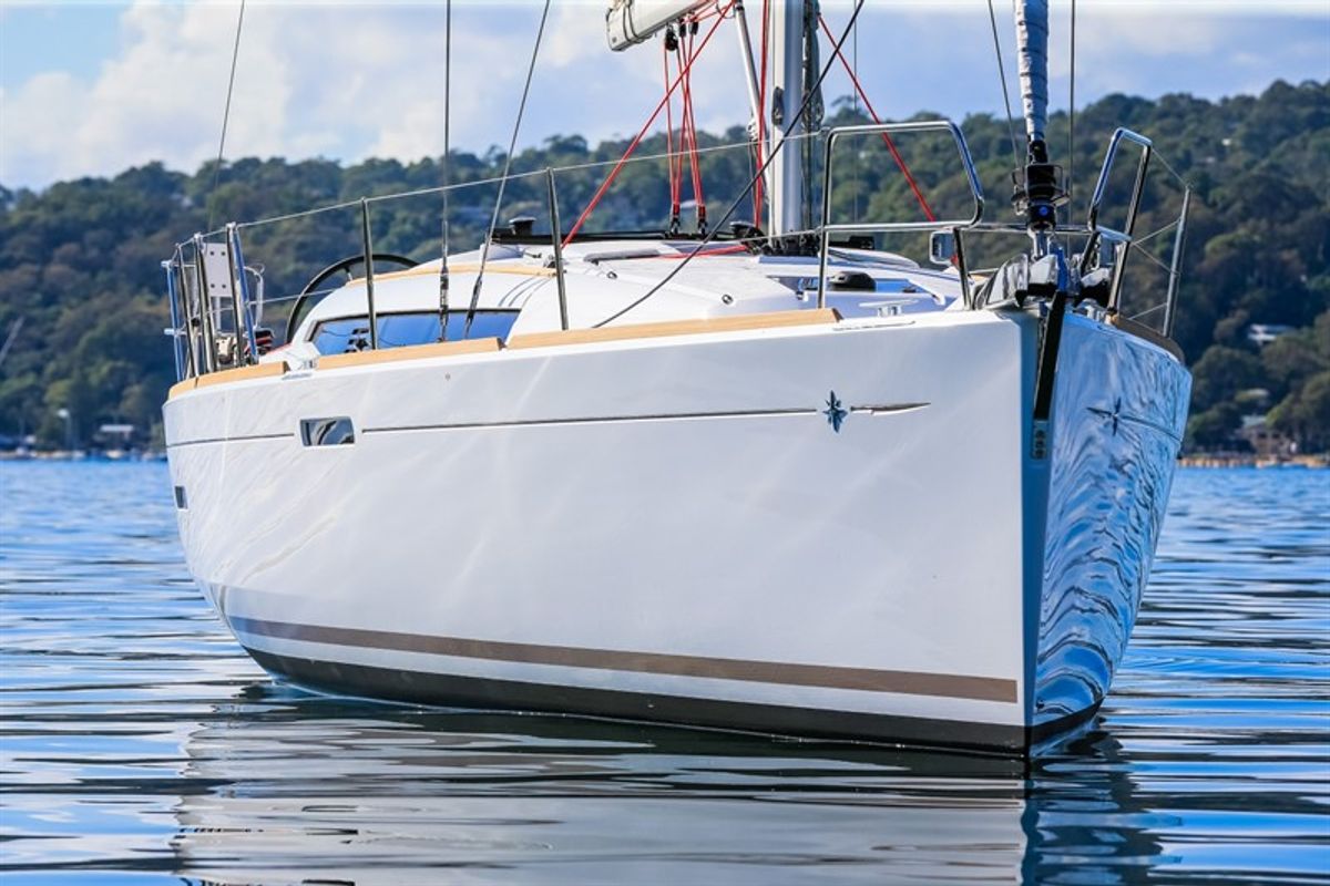 Exterior view of Agios Georgios, a Jeanneau Sun Odyssey 389 sailboat at Kontokali, Greece