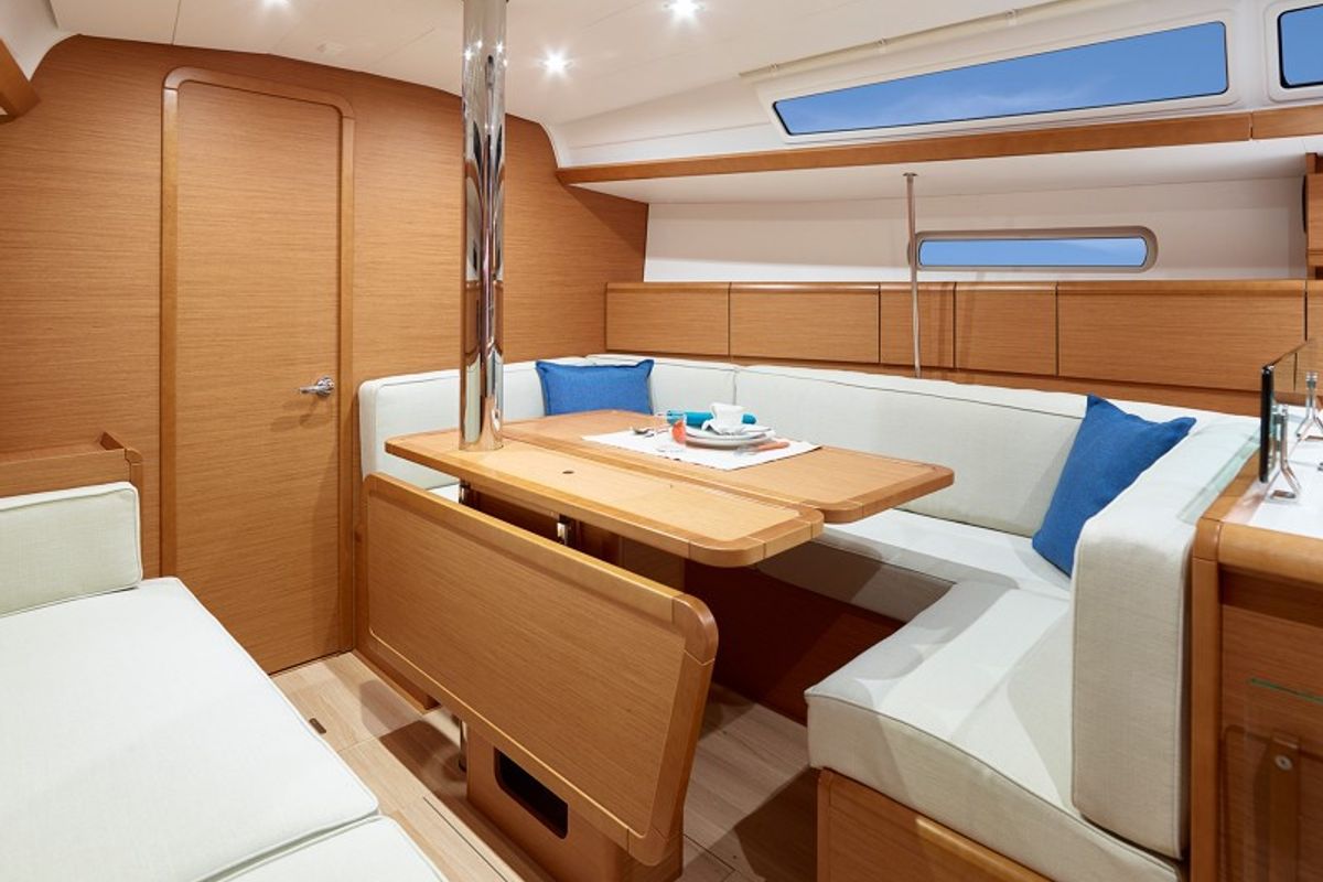 Salon of Agios Georgios, a Jeanneau Sun Odyssey 389 sailboat at Kontokali, Greece