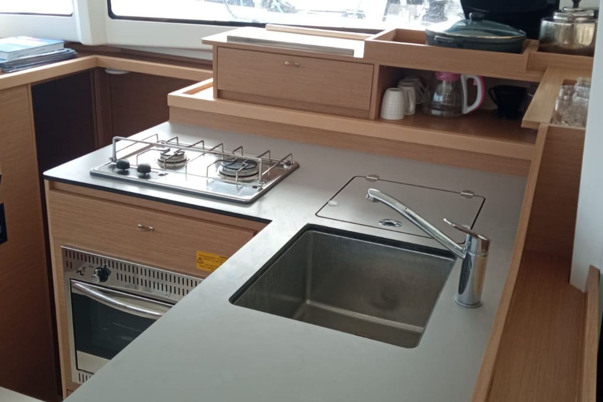 Galley of MALAOLAUR, a Excess 11 catamaran at Kontokali, Greece