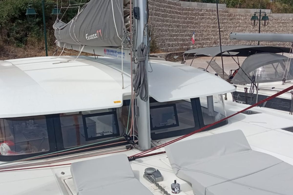 Exterior view of MALAOLAUR, a Excess 11 catamaran at Kontokali, Greece