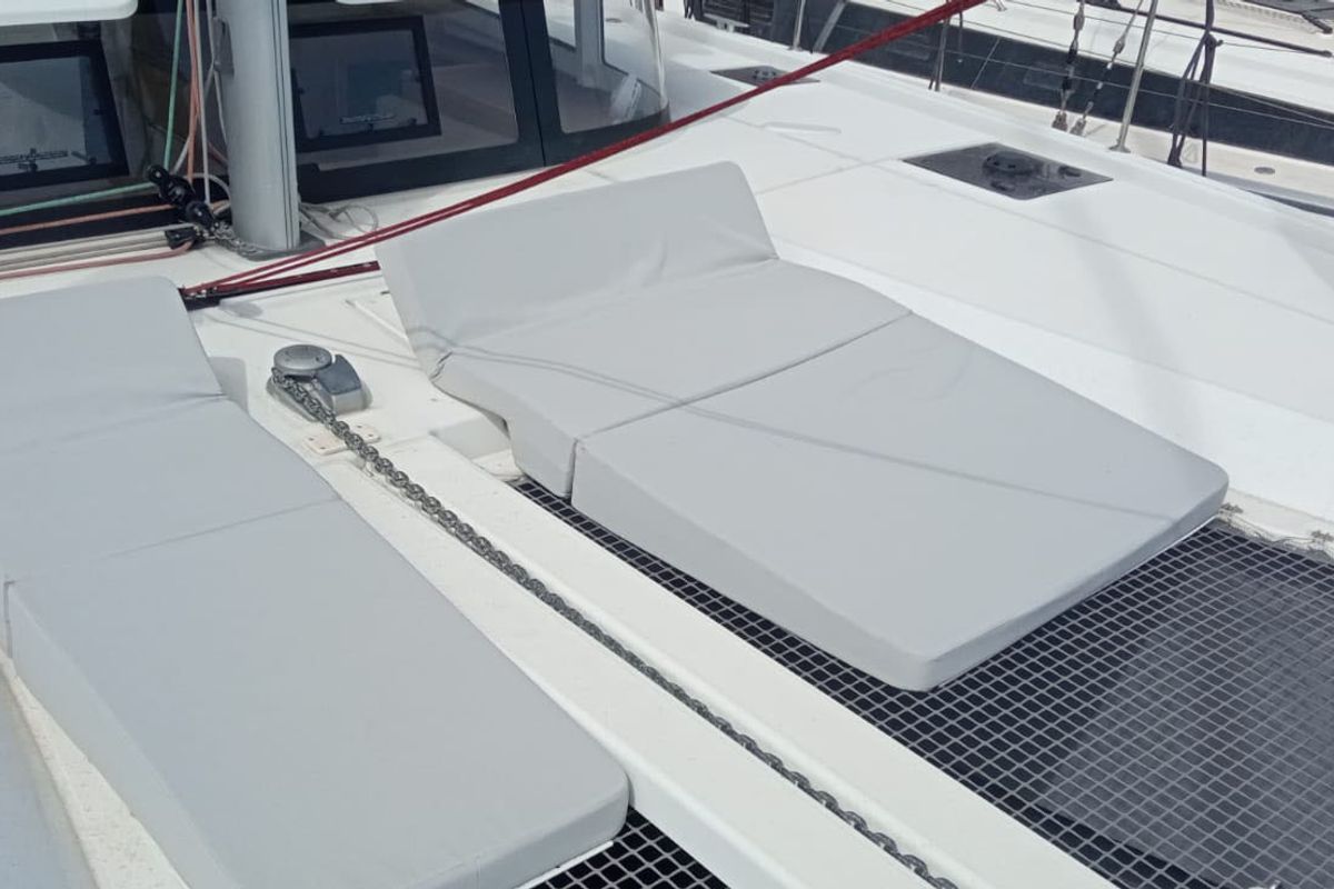 Deck of MALAOLAUR, a Excess 11 catamaran at Kontokali, Greece