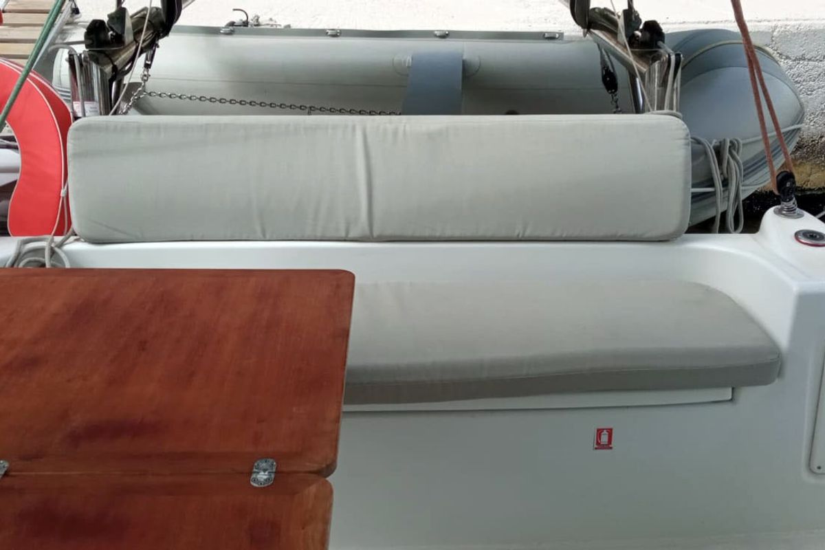 Deck of MALAOLAUR, a Excess 11 catamaran at Kontokali, Greece