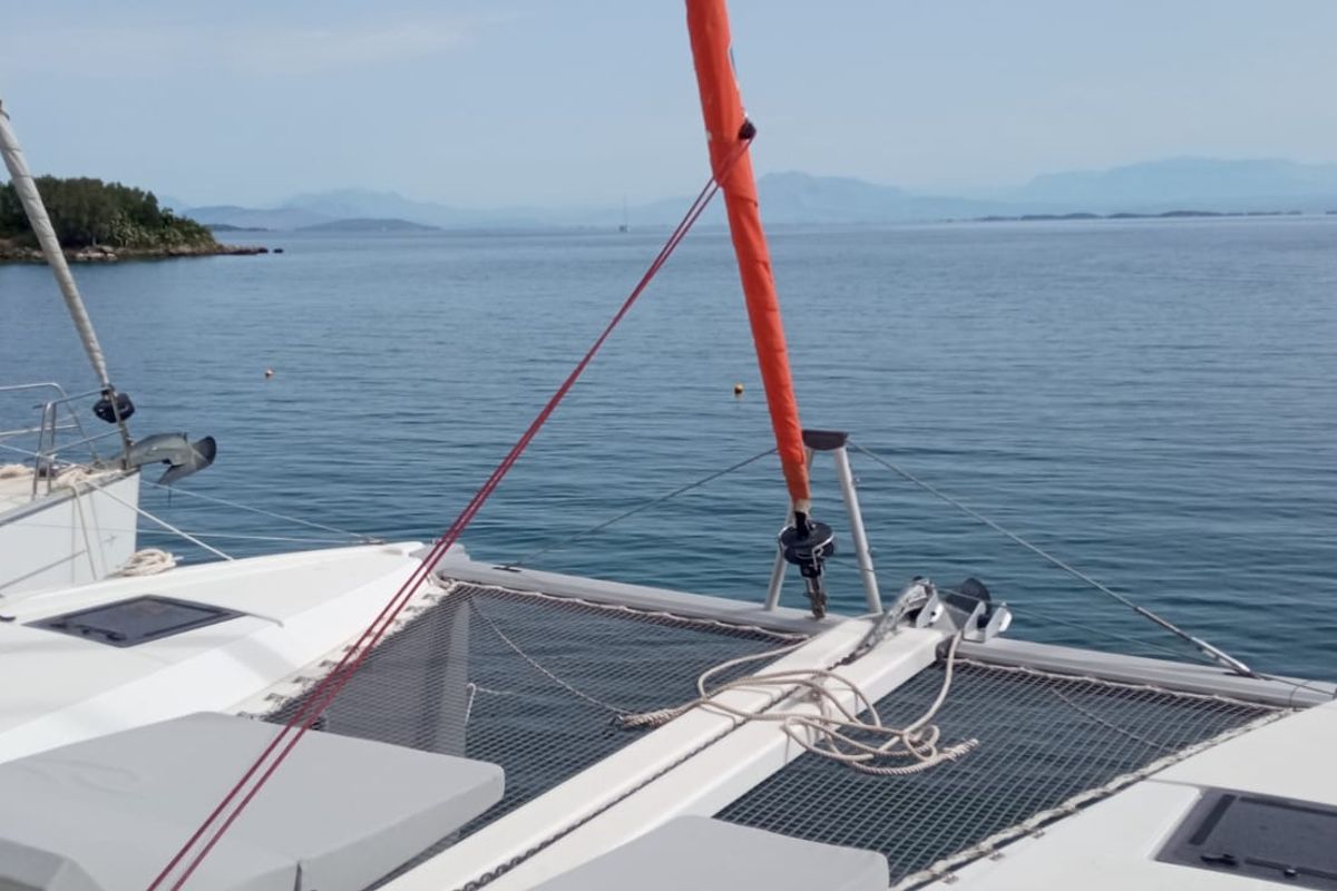 Exterior view of MALAOLAUR, a Excess 11 catamaran at Kontokali, Greece